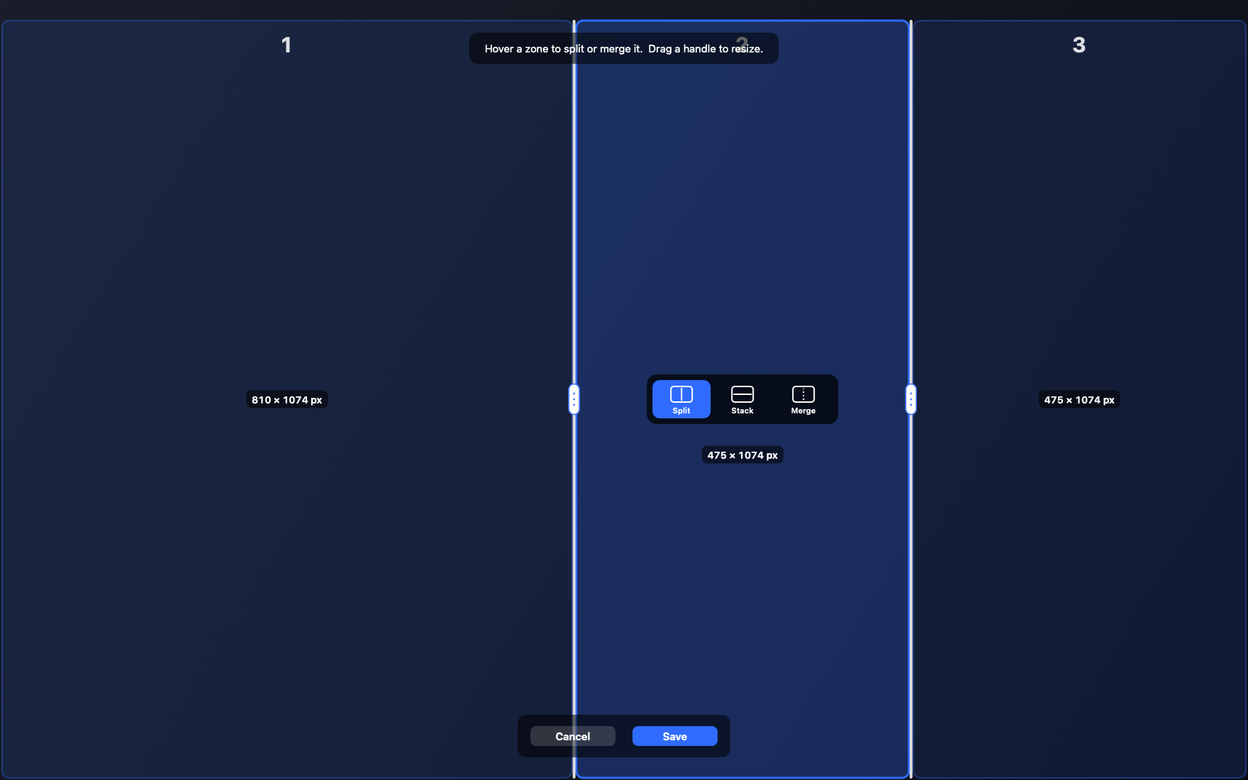 The Lineup layout editor drawn over a real screen: three numbered zones split by draggable dividers, each labelled with its exact pixel size, and on-zone controls to split a zone side by side, split it top and bottom, or merge it.